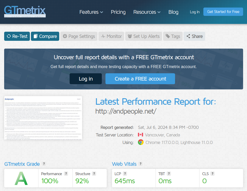 GTmetrix results