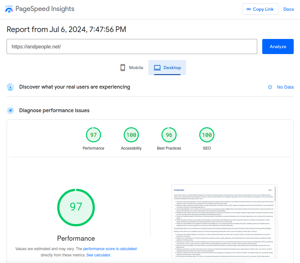 Example of checking speed of website